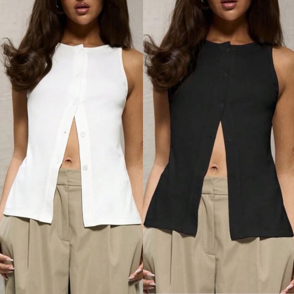 Black button front jersey sleeveless top, stretchy material - Picture 2 of 11